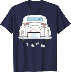 Just Married Honeymoon Car With Cans Design on Back T-Shirt - T-Shirt | Navy