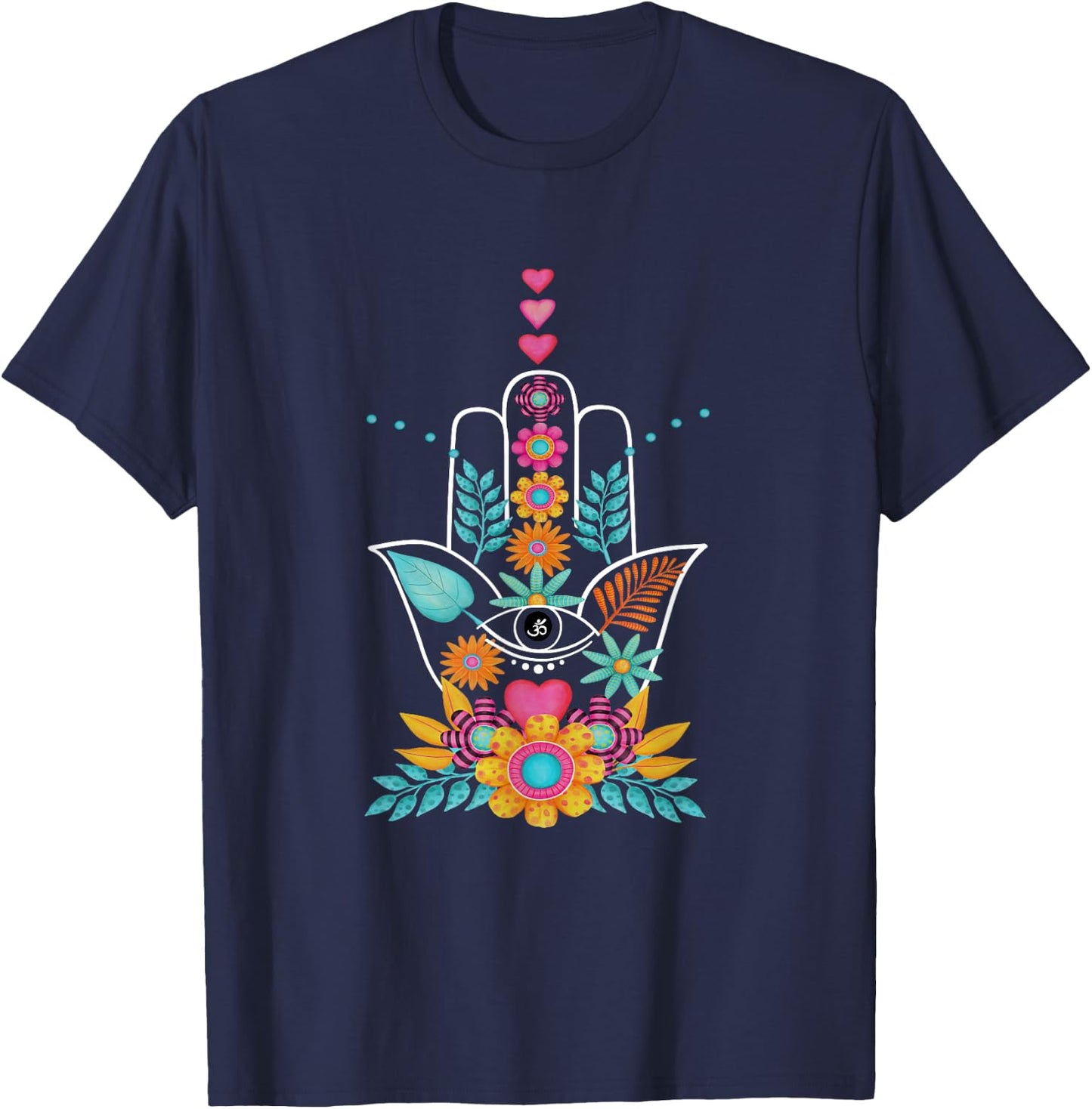 Hamsa Evil Eye Hand Of Fatima Flowers Protection Symbol Gift T-Shirt - T-Shirt | Navy