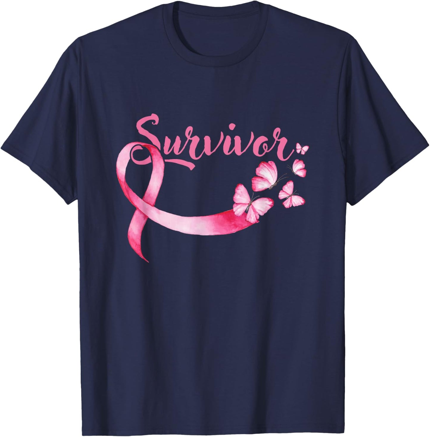 Breast Cancer Awareness Pink Butterflies Band Survivors T-Shirt - T-Shirt | Navy