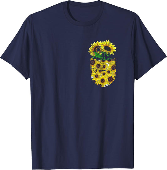 Blossom Yellow Flower Florist Floral Cute Pocket Sunflower T-Shirt - T-Shirt | Navy