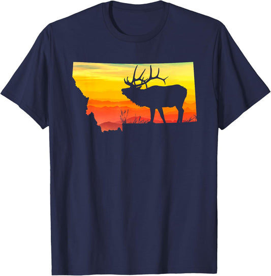 Montana Elk Hunter Dad Vintage Retro Sun Bow Hunting Gift II T-Shirt - T-Shirt | Navy