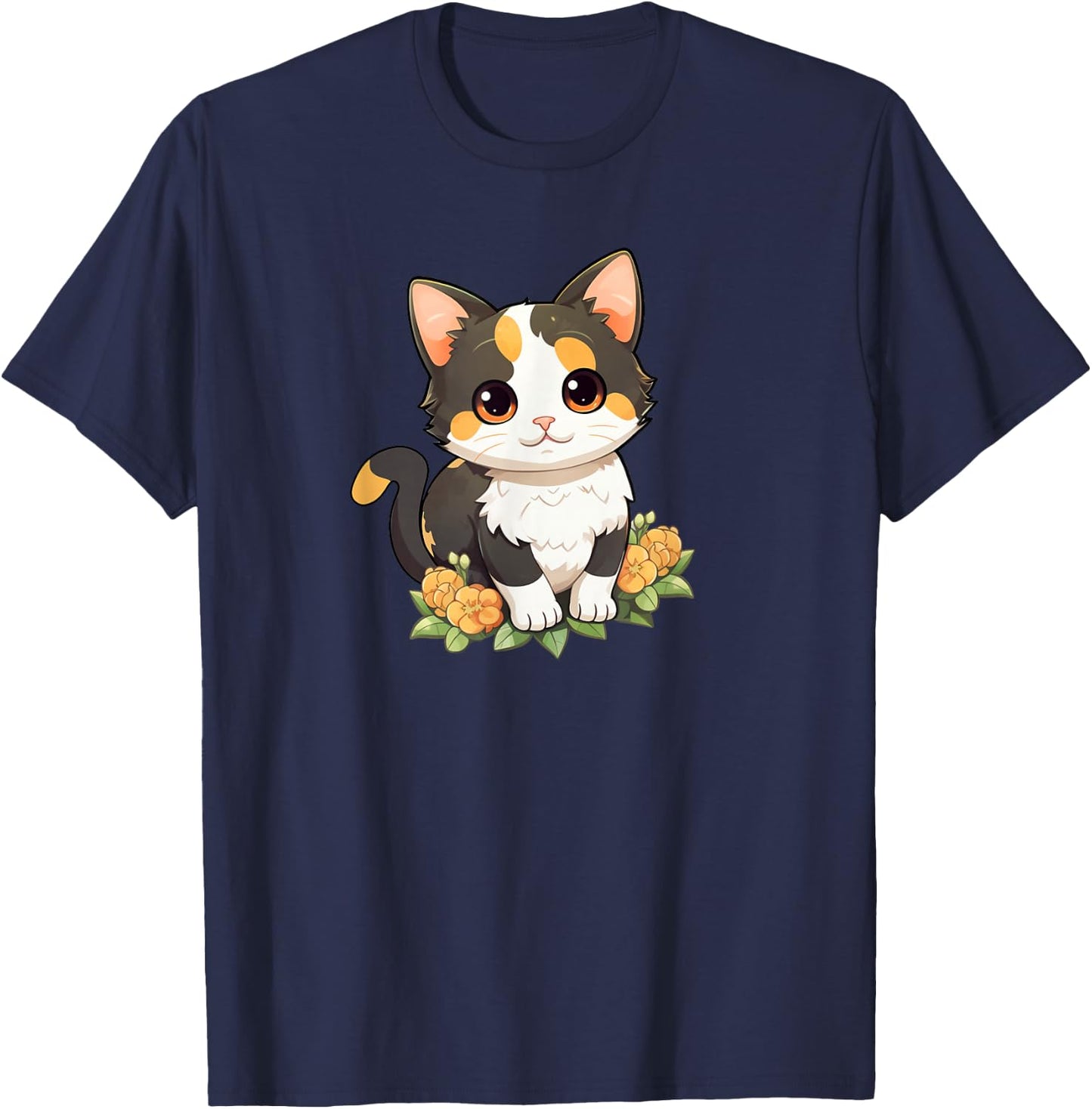 Cute Kawaii Kids Girls Flowers Calico Cat Lover T-Shirt - T-Shirt | Navy
