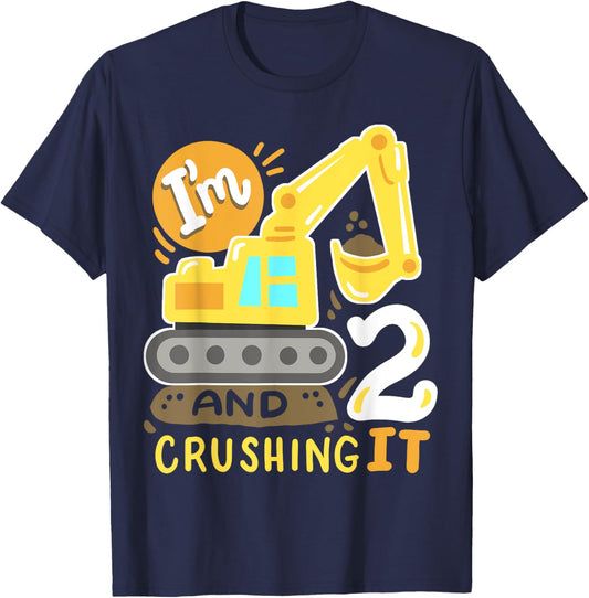 Kids 2nd Construction Birthday Party I'm 2 Crushing It Boys T-Shirt - T-Shirt | Navy