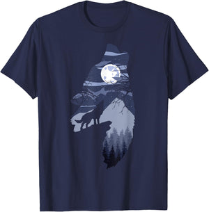 Forest with Full-Moon and Cliff Of Silhouette Howling Wolf T-Shirt - T-Shirt | Navy