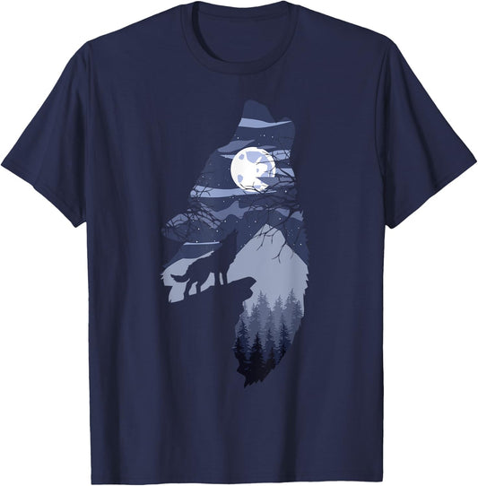 Forest with Full-Moon and Cliff Of Silhouette Howling Wolf T-Shirt - T-Shirt | Navy