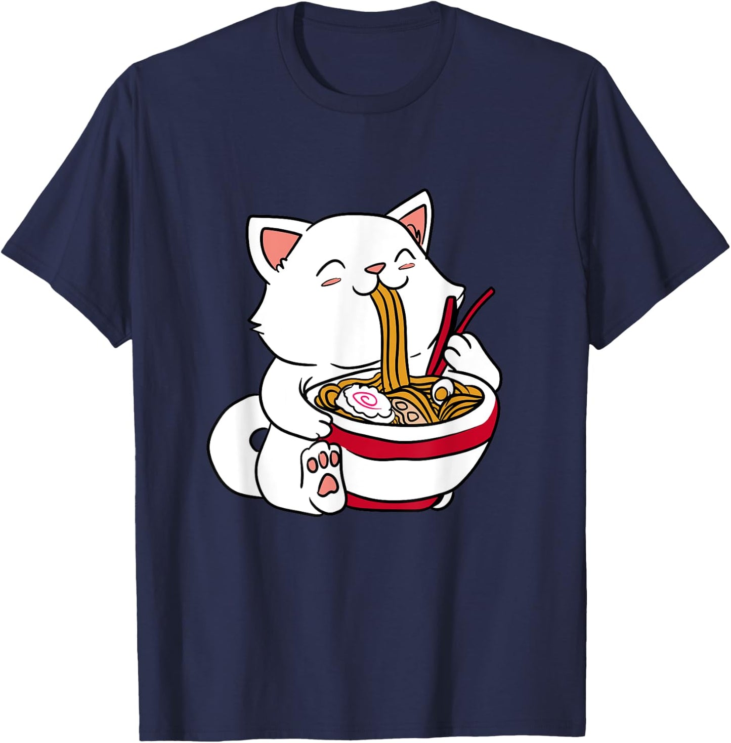 Brand Kawaii Cat Eating Ramen Noodles Japanese Food Anime T-Shirt - T-Shirt | Navy