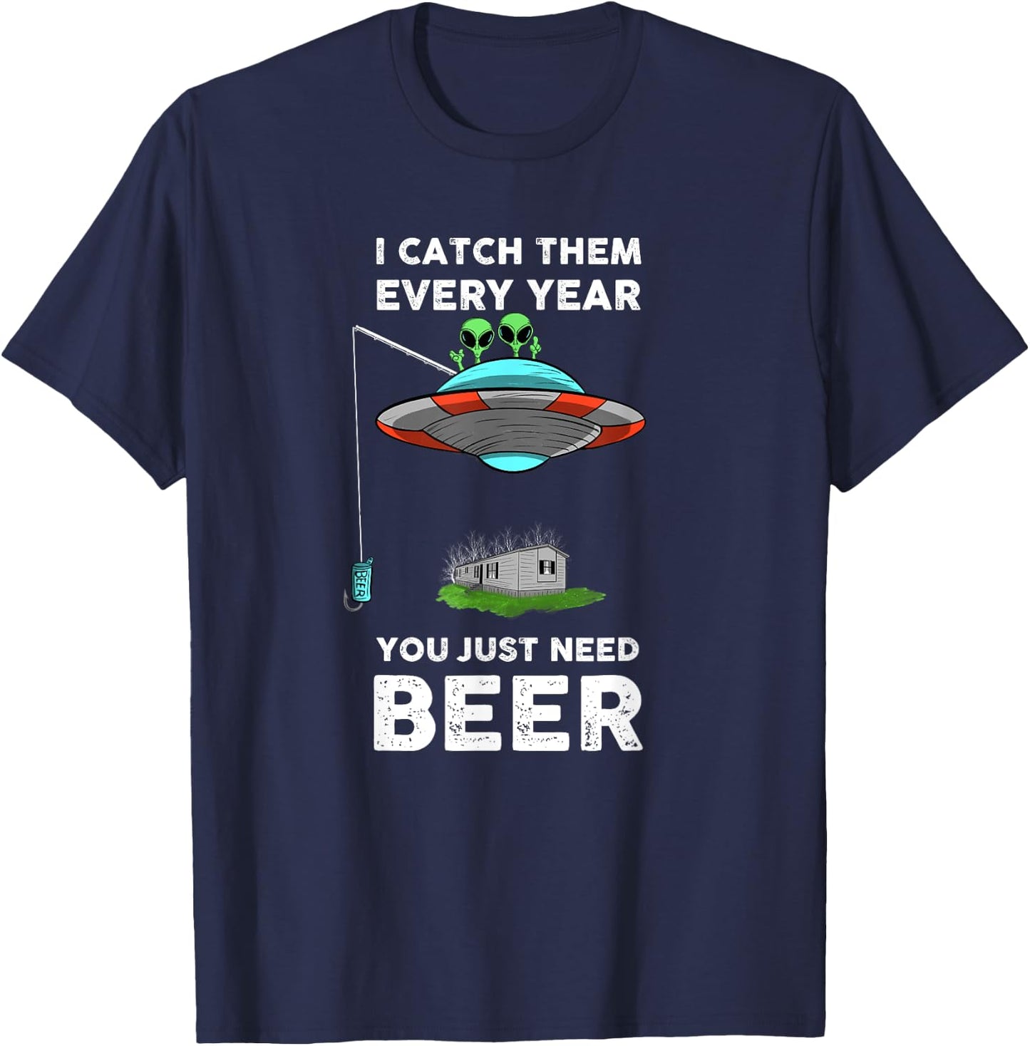 Funny Alien and UFO Redneck Fishing Beer Graphic T-Shirt - T-Shirt | Navy