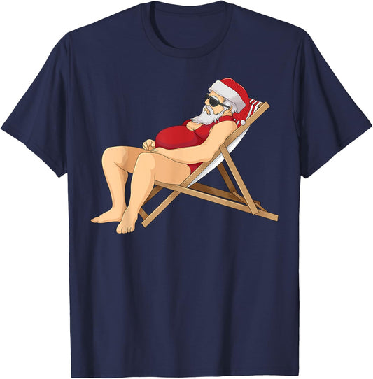 Funny Santa Sunbathing Red Mankini | Cool Beach Summer Gift T-Shirt - T-Shirt | Navy