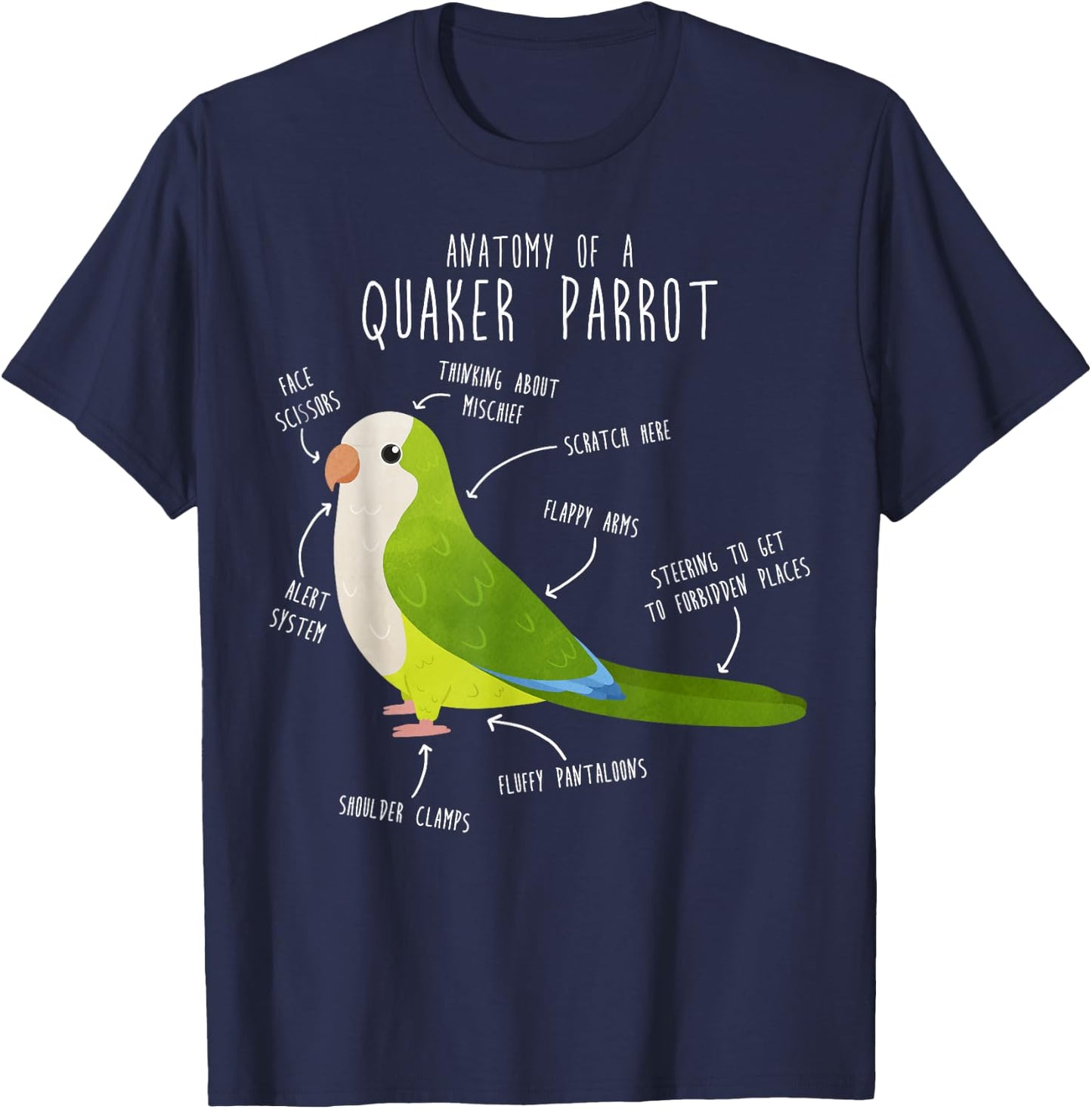 Green Quaker Parrot Anatomy, Cute Funny Pet Monk Bird Lover T-Shirt - T-Shirt | Navy