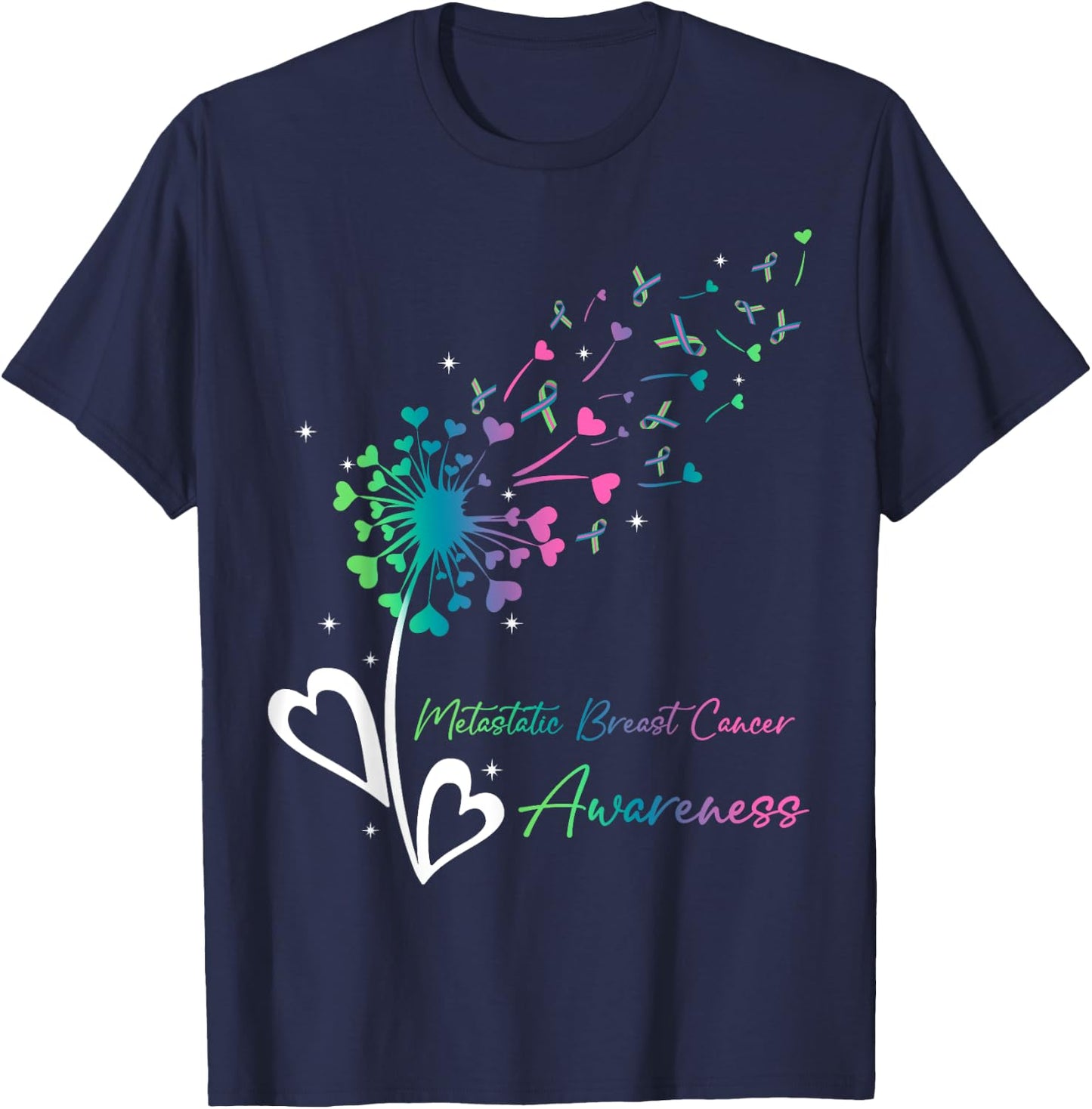 Heart Dandelion Flower Green Teal Pink Ribbons MBC Awareness T-Shirt - T-Shirt | Navy