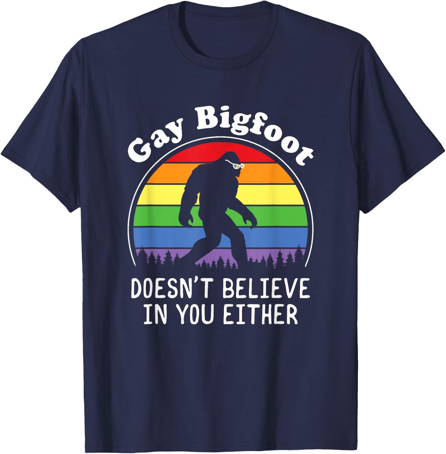 Gay Pride Funny Gay Bigfoot Rainbow Sasquatch Retro Vintage T-Shirt - T-Shirt | Navy