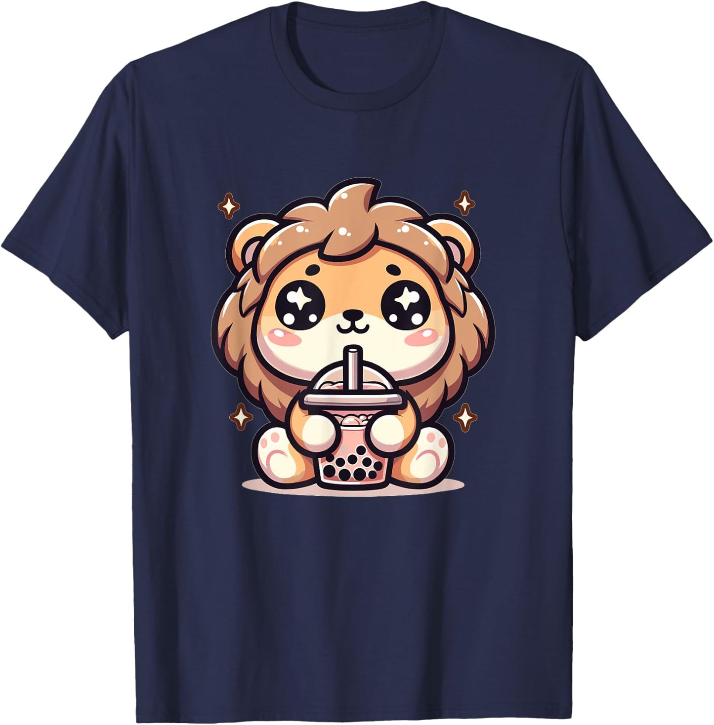 Cute Japanese Kawaii Chibi Lion Drinking Boba Tea T-Shirt - T-Shirt | Navy
