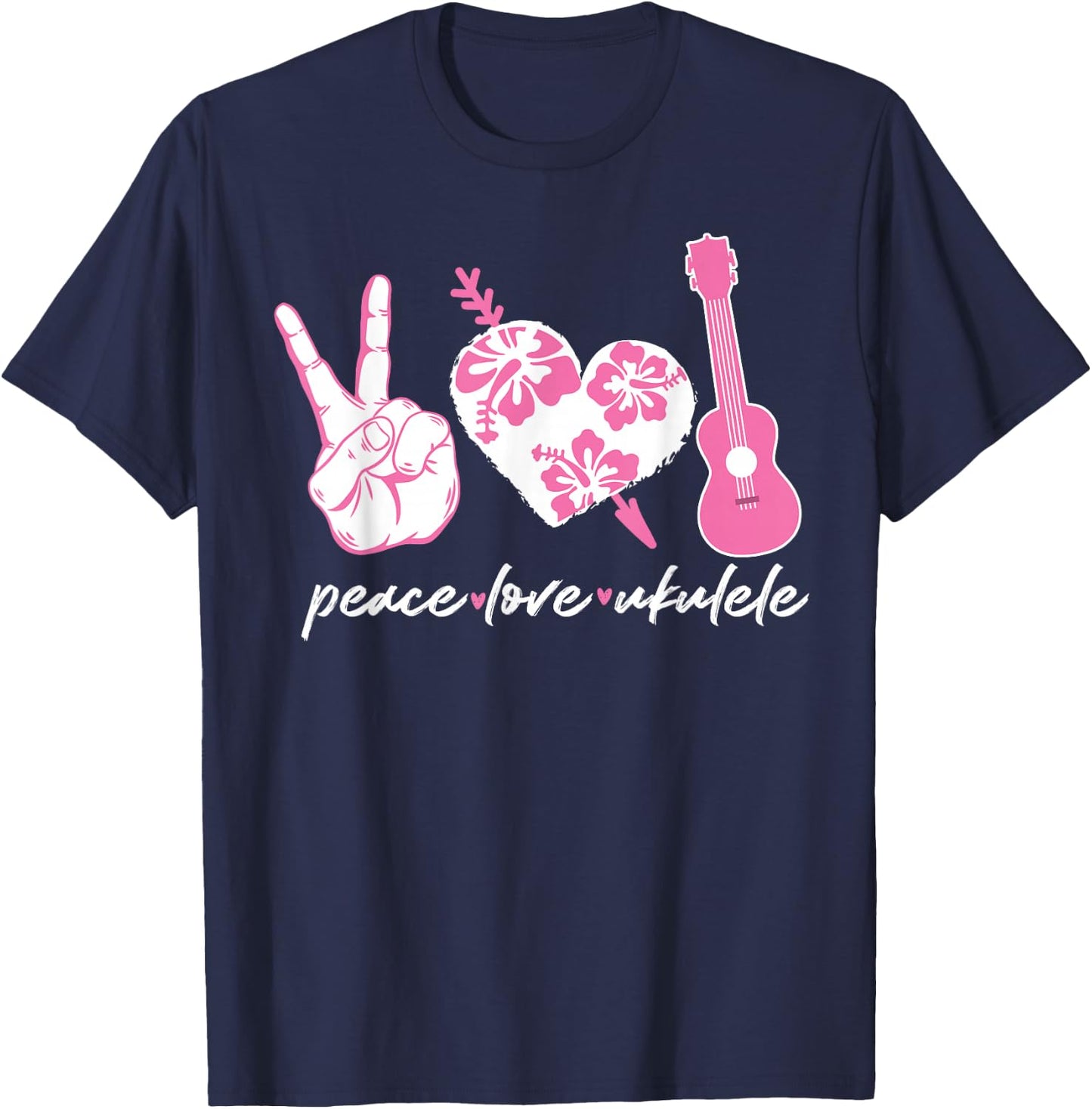 Hawaiian Uke Peace Love Ukulele Flower Heart T-Shirt - T-Shirt | Navy