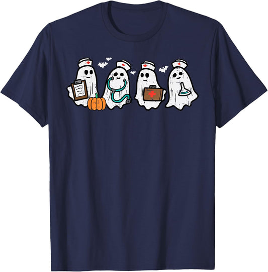Ghost Nurses Halloween Crew Funny Costume Scrub Top Women T-Shirt - T-Shirt | Navy