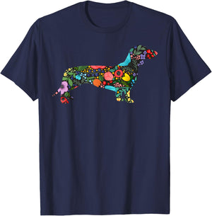 Dachshund Flower Funny Dog Silhouette Tropical Floral Gifts T-Shirt - T-Shirt | Navy