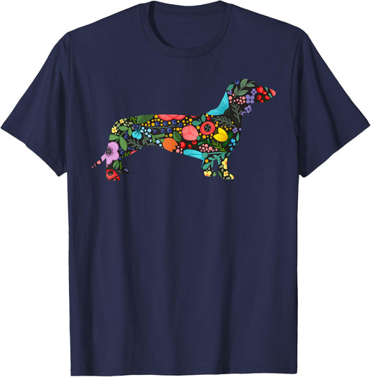 Dachshund Flower Funny Dog Silhouette Tropical Floral Gifts T-Shirt - T-Shirt | Navy