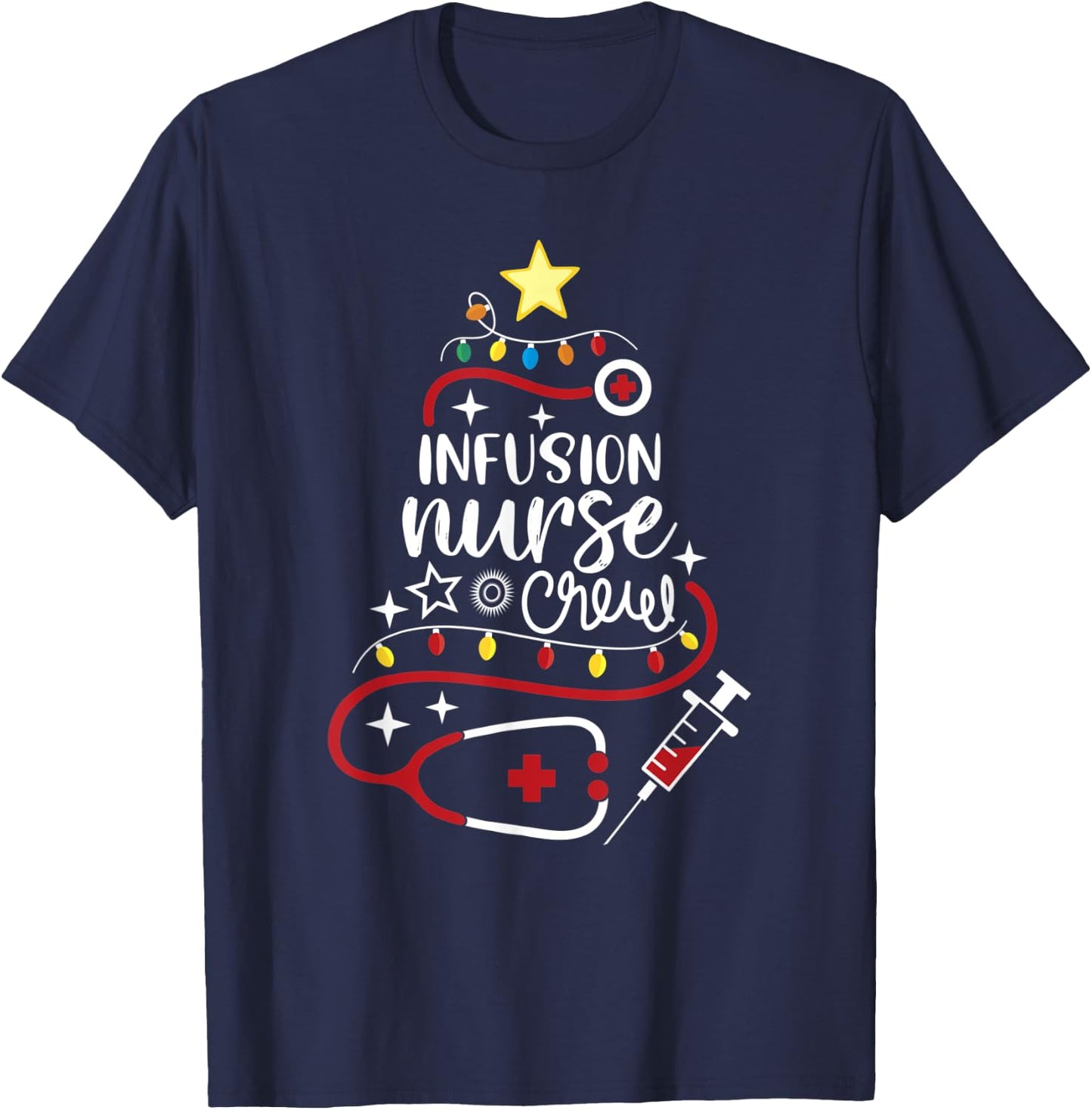 Merry Christmas Chemo Infusion Nursing - Infusion Nurse Crew T-Shirt - T-Shirt | Navy