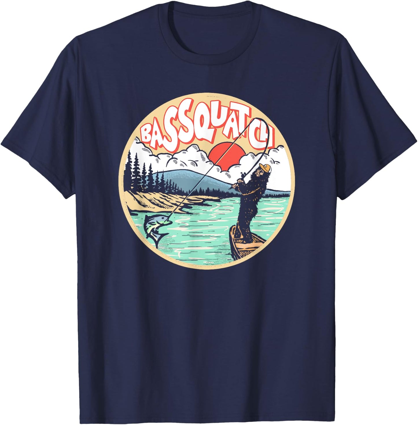Bassquatch! Funny Bass Fishing Bigfoot on the Lake Sasquatch T-Shirt - T-Shirt | Navy