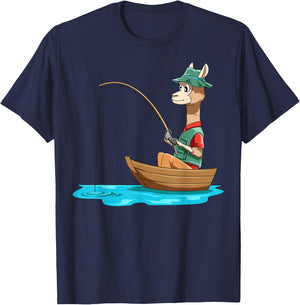 Llama Fishing Llama Fisherman Boat Fishing Lovers T-Shirt - T-Shirt | Navy