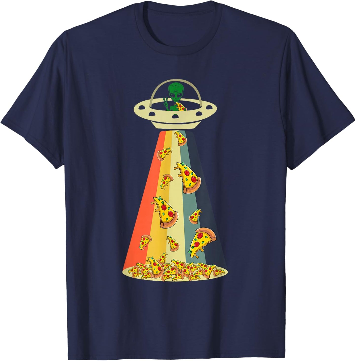 Funny Pizza UFO Alien Eating Pizza a UFO Extraterrestrial T-Shirt - T-Shirt | Navy