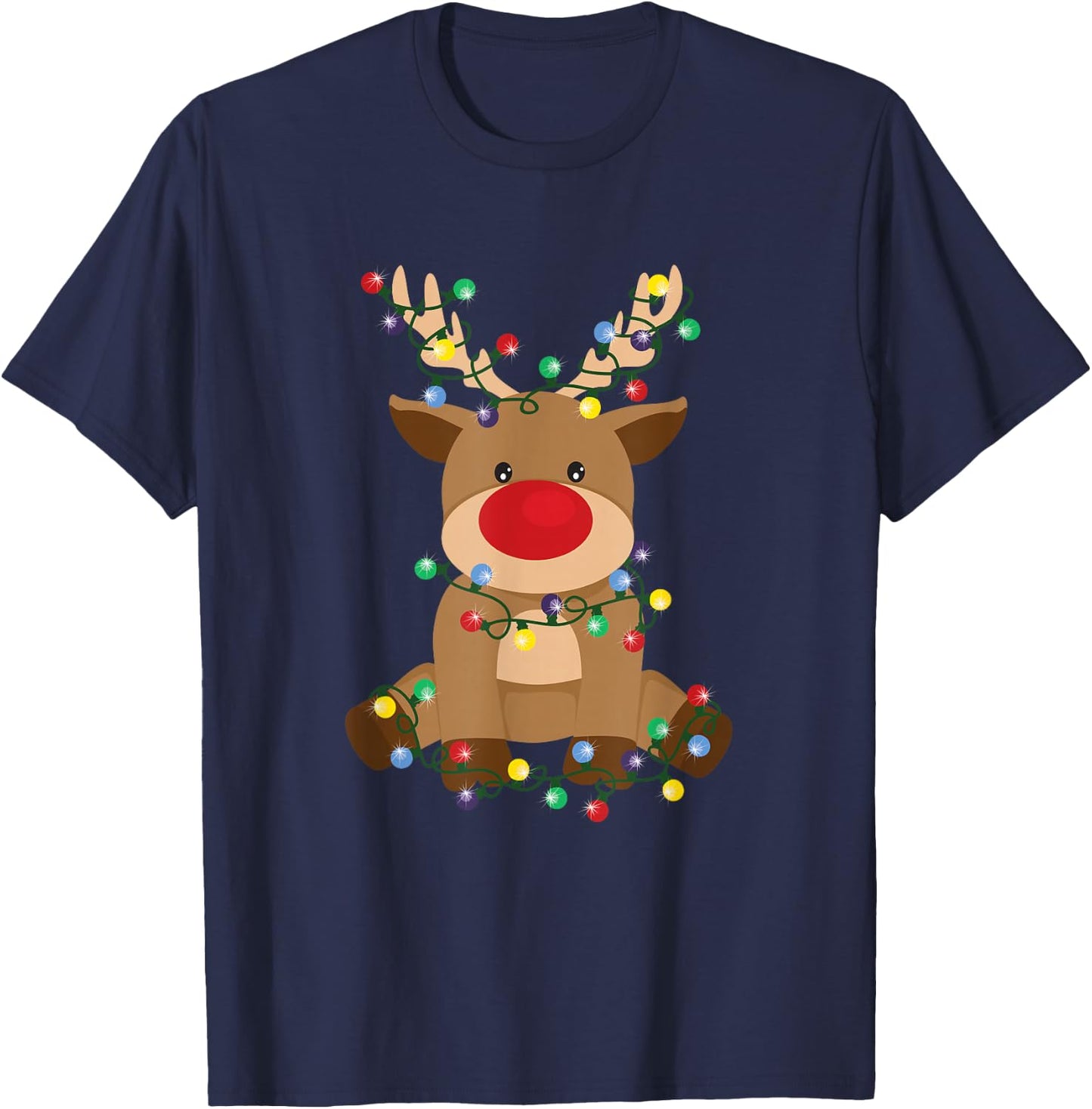 Red-Nosed Reindeer with Christmas Lights – Cute Holiday T-Shirt - T-Shirt | Navy