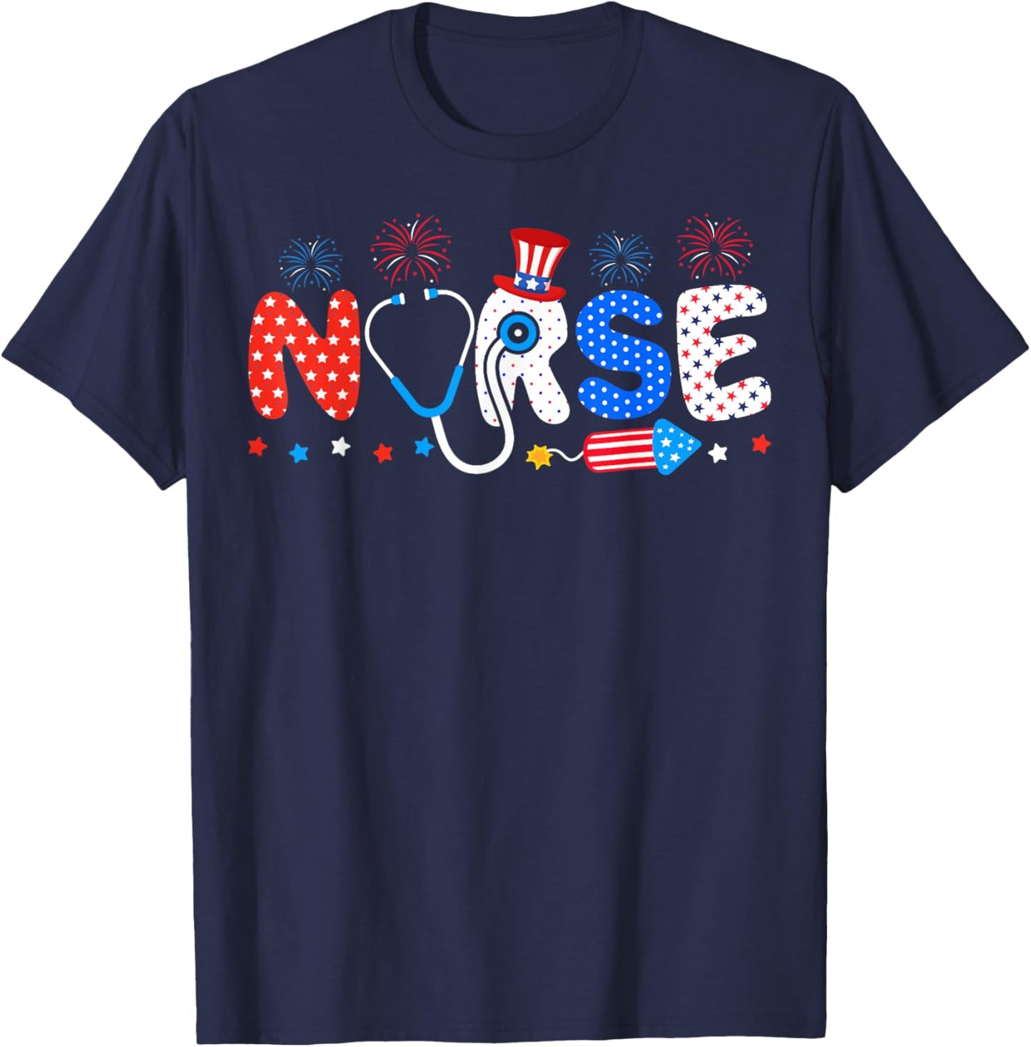 USA Flag 4th Of July Nursing Stethoscope Patriotic Nurse T-Shirt - T-Shirt | Navy