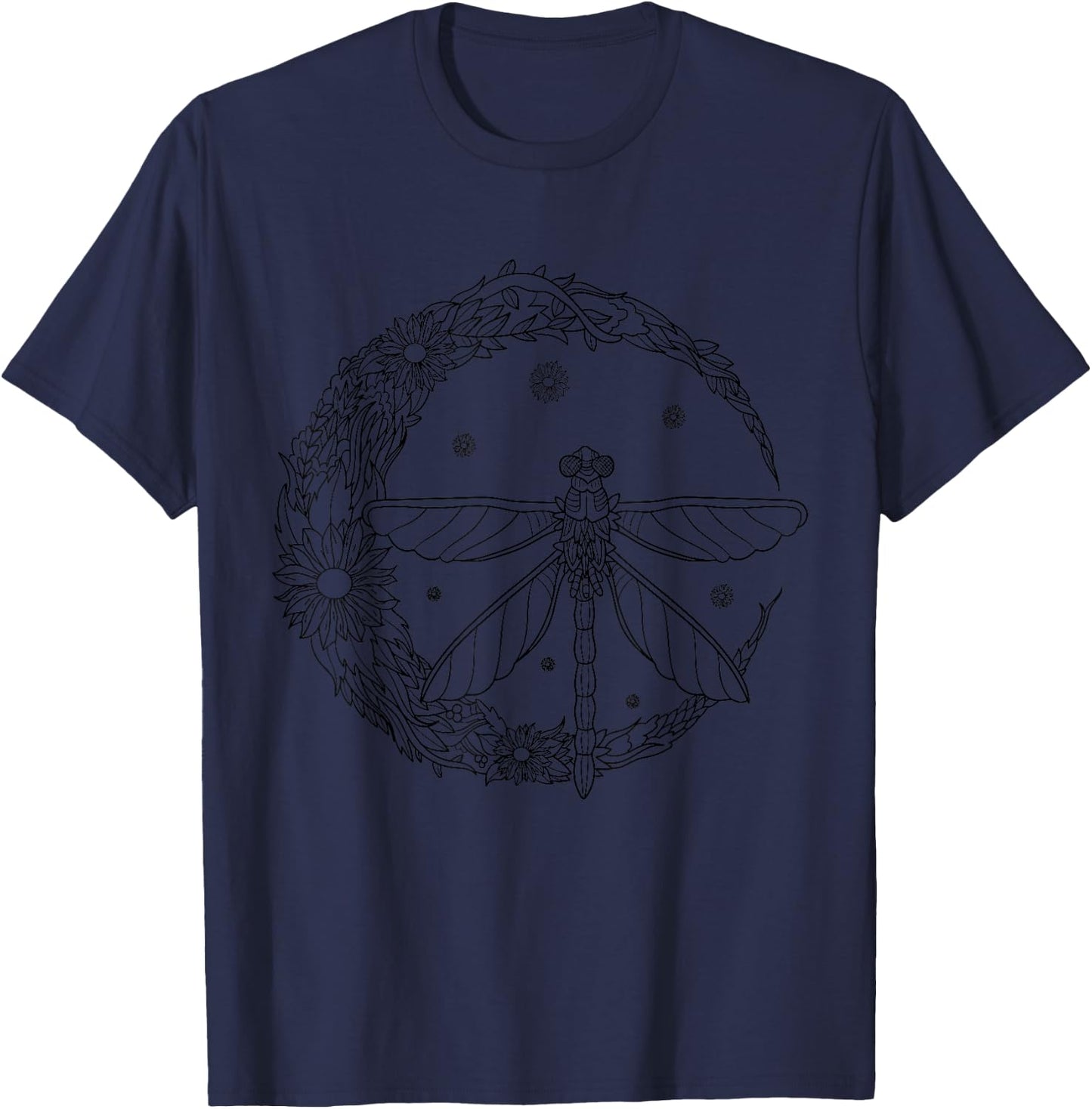 Dragonfly Crescent Moon Peace Sign Vintage Hippie Floral T-Shirt - T-Shirt | Navy