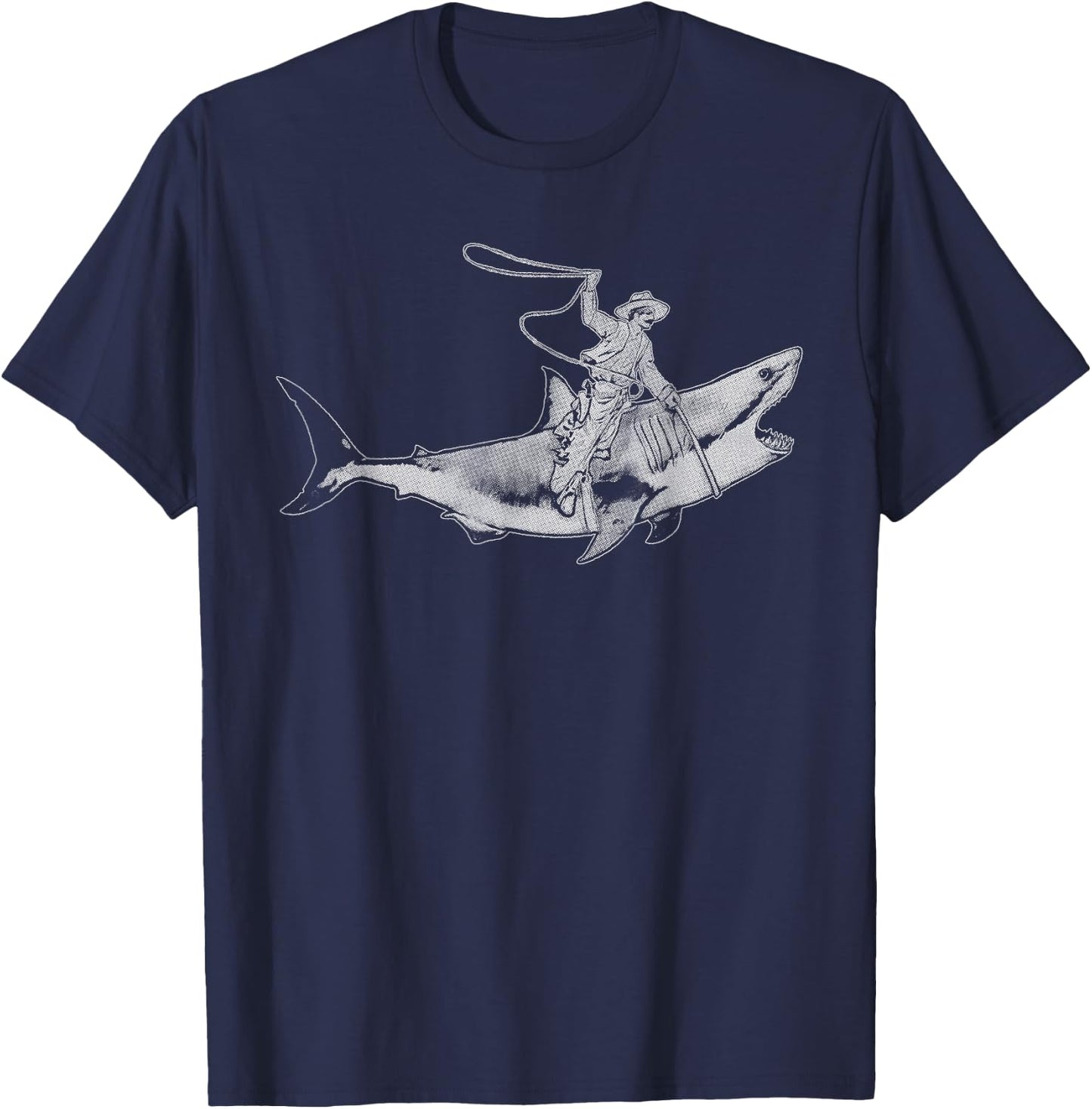 Shark Lover Rodeo Cowboy Riding Great White Vintage Funny T-Shirt - T-Shirt | Navy