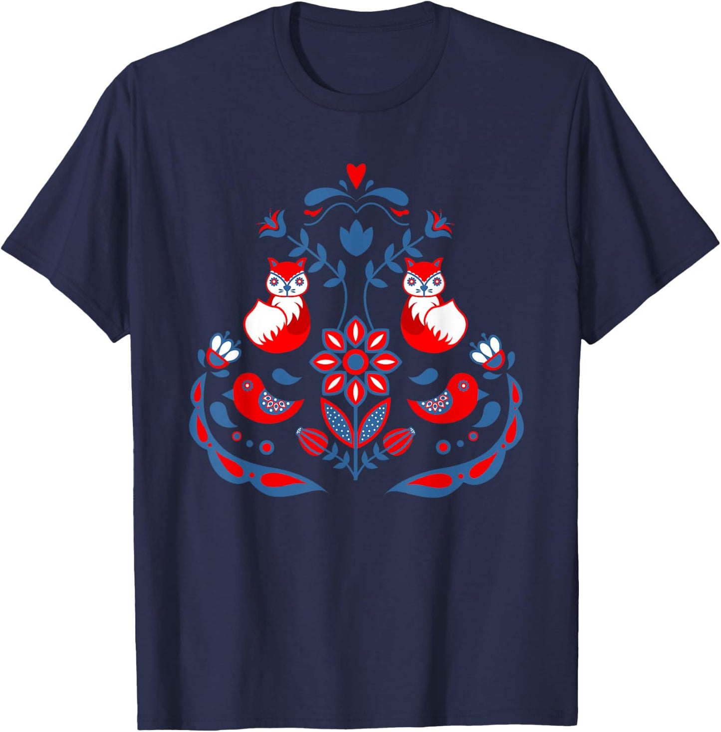 Scandinavian Folk Art Nature Flowers Birds and Foxes T-Shirt - T-Shirt | Navy