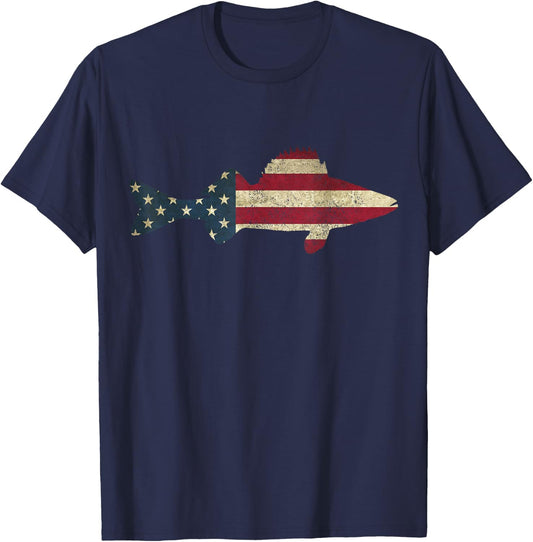 Walleye Fishing American Flag Zander Fisherman T-Shirt - T-Shirt | Navy