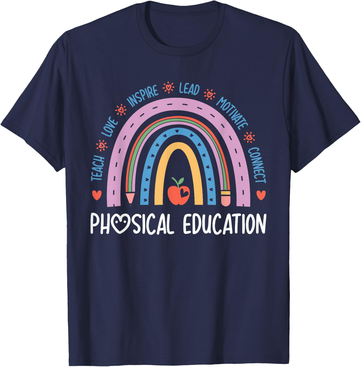 P.E. Teacher Boho Rainbow Funny Physical Education Teacher T-Shirt - T-Shirt | Navy
