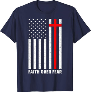 Faith Over Fear Cross Christ USA Flag American US Christian T-Shirt - T-Shirt | Navy