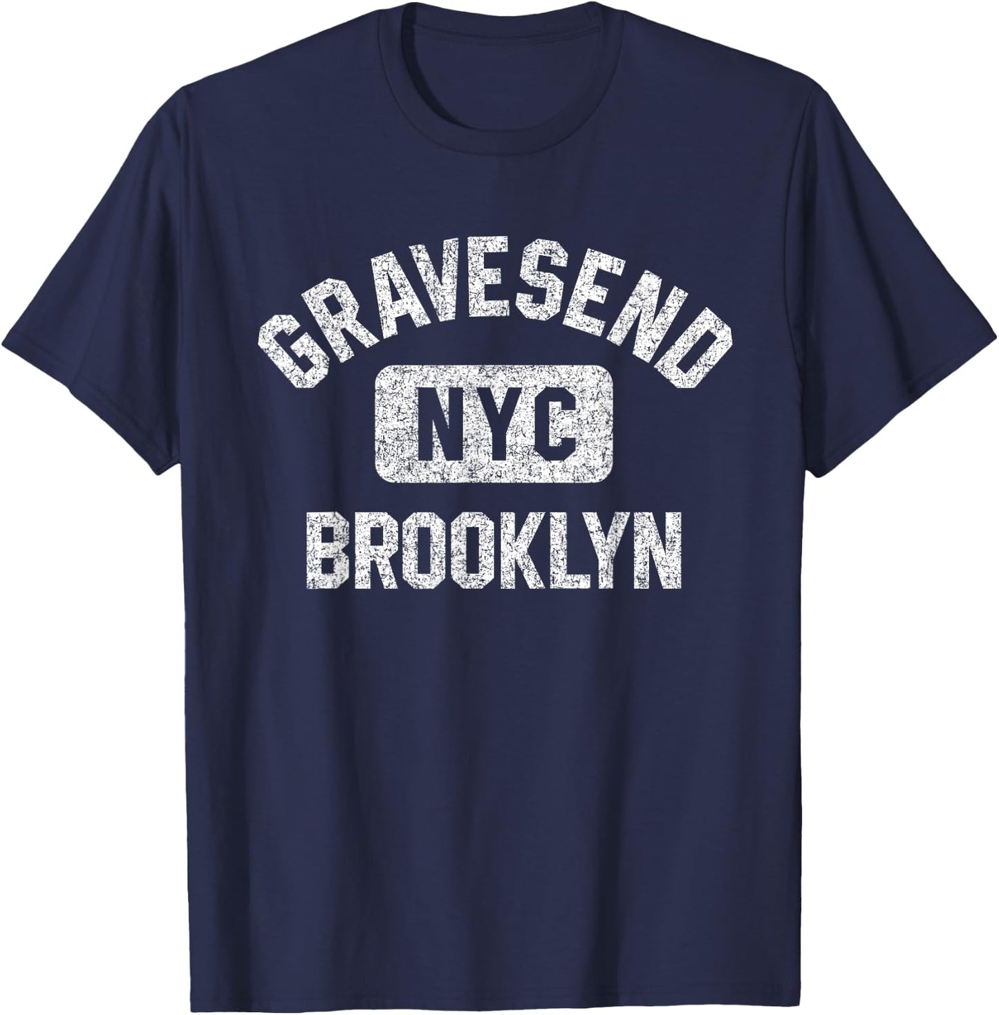 Gravesend Brooklyn NYC Gym Style Distressed White Print T-Shirt - T-Shirt | Navy