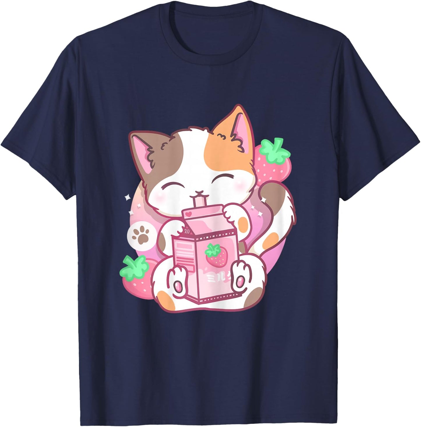 Strawberry Shake Strawberry Milk Cat Kawaii Neko Anime T-Shirt - T-Shirt | Navy