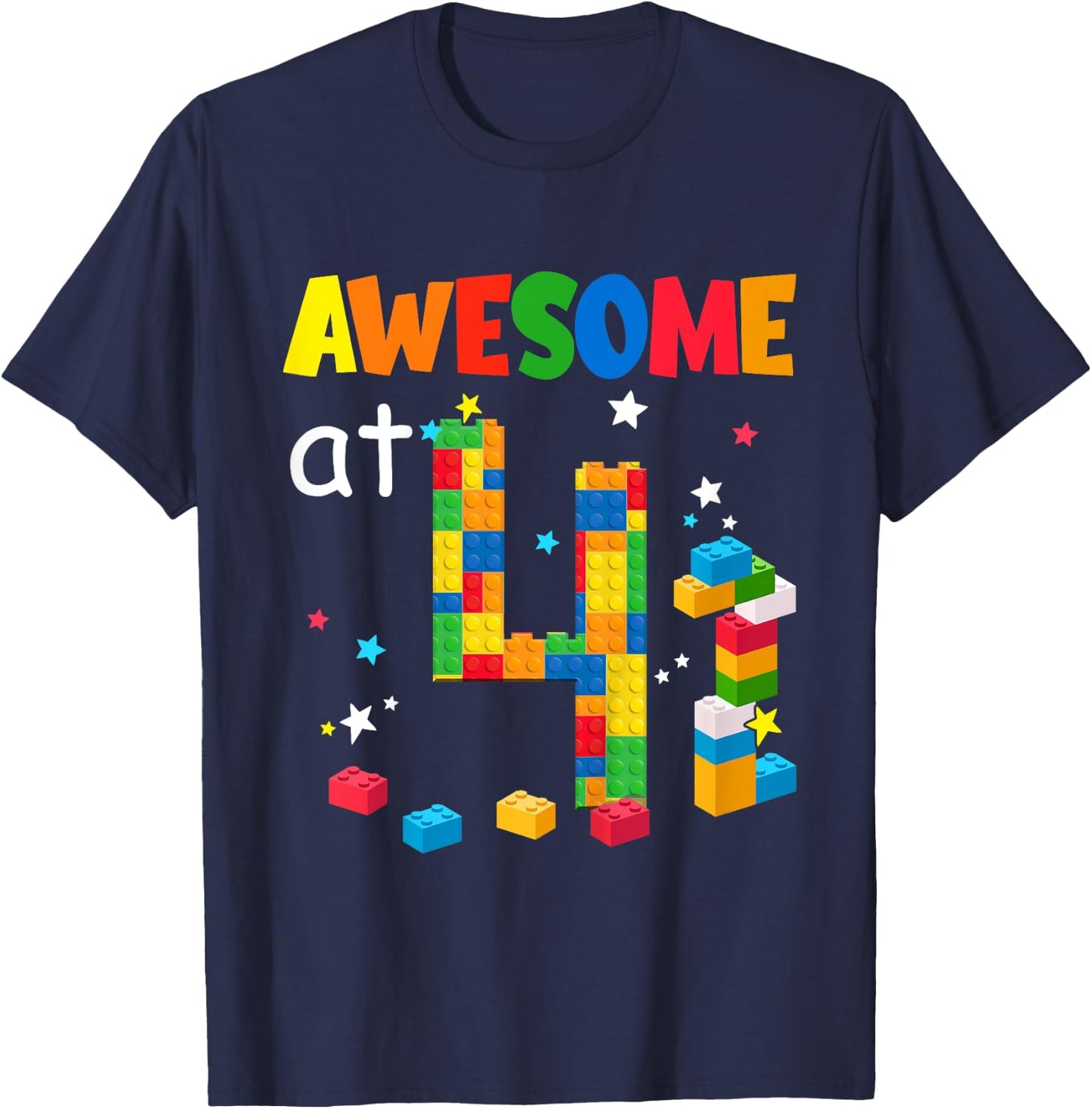Kids Building Blocks Bricks Awesome at 4 Years Old Birthday Boy T-Shirt - T-Shirt | Navy