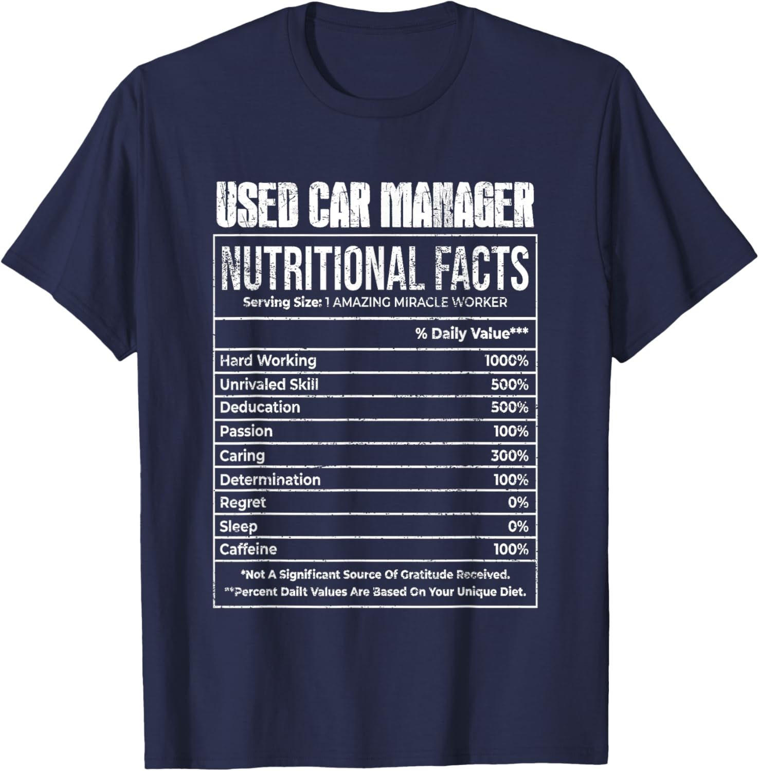 Nutritional Facts Used Car Manager Job Tittle T-Shirt - T-Shirt | Navy