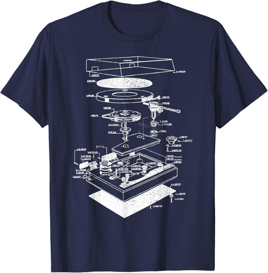 Vintage Blueprint - Phonograph Vinyl Player Retro Chart Gift T-Shirt - T-Shirt | Navy