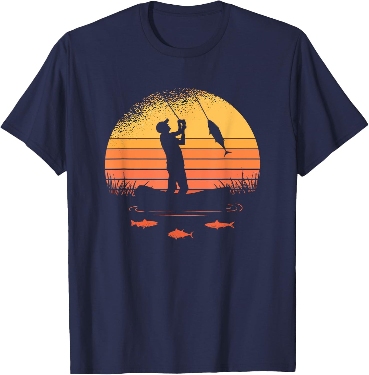 Fisherman Sunset catching a fish & view beneath the water T-Shirt - T-Shirt | Navy