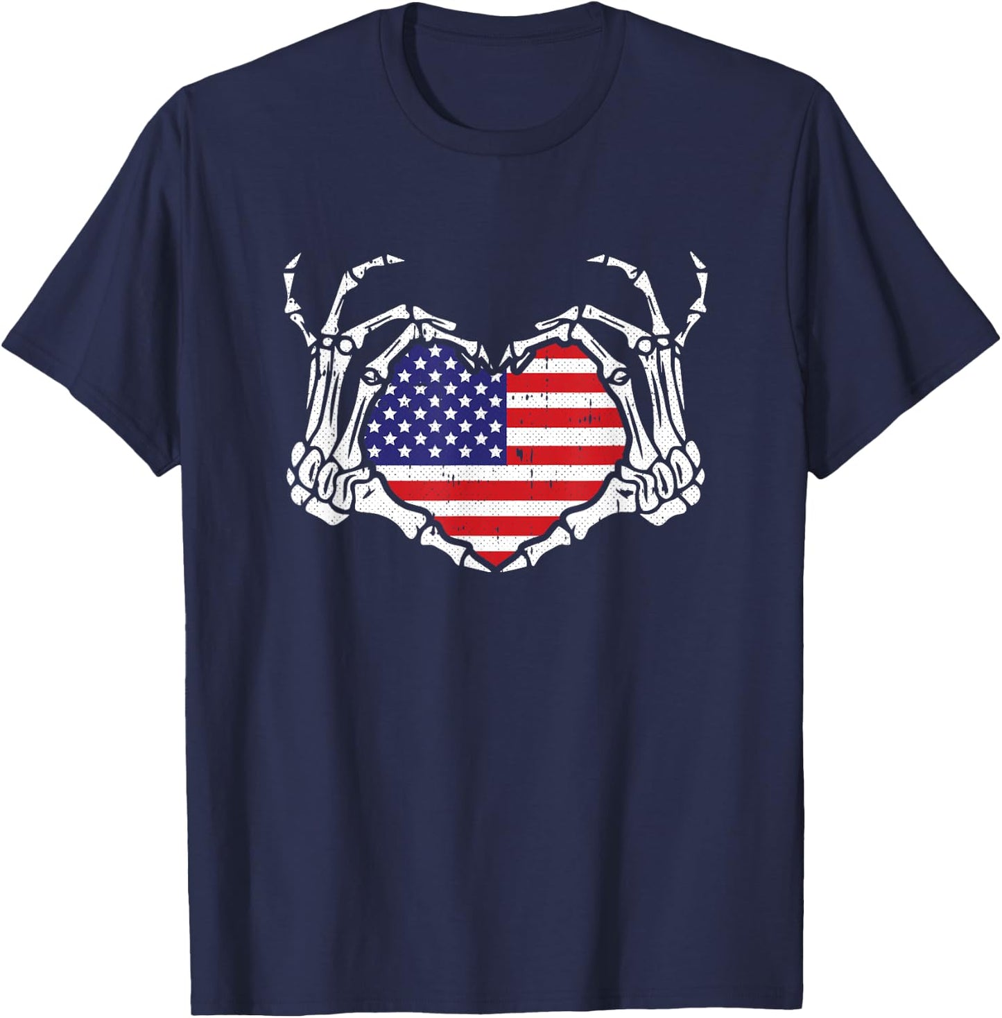 Skeleton Hand Heart 4th Of July Love American Flag Patriotic T-Shirt - T-Shirt | Navy