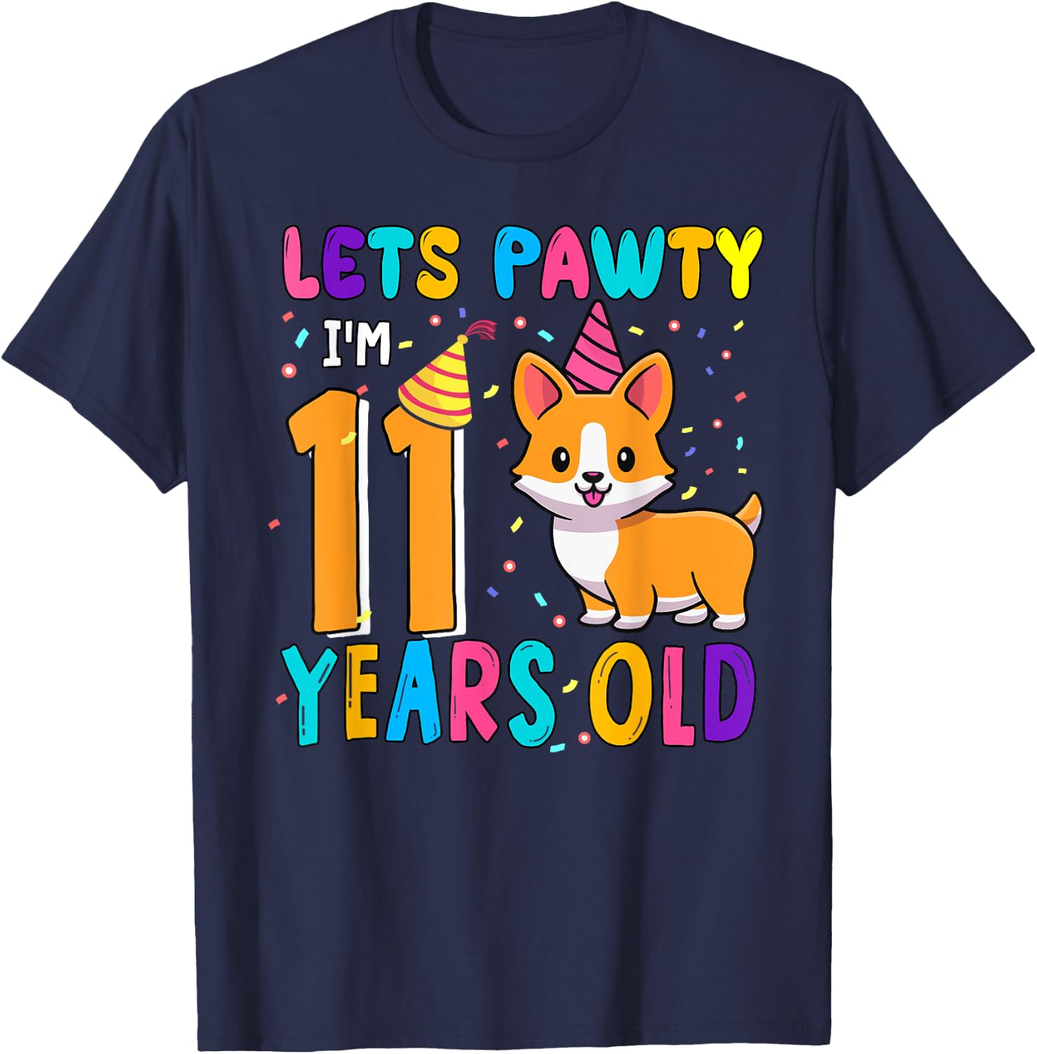 Cute Lets Pawty 11 Years Old Birthday Corgi Dog Owners Kids T-Shirt - T-Shirt | Navy