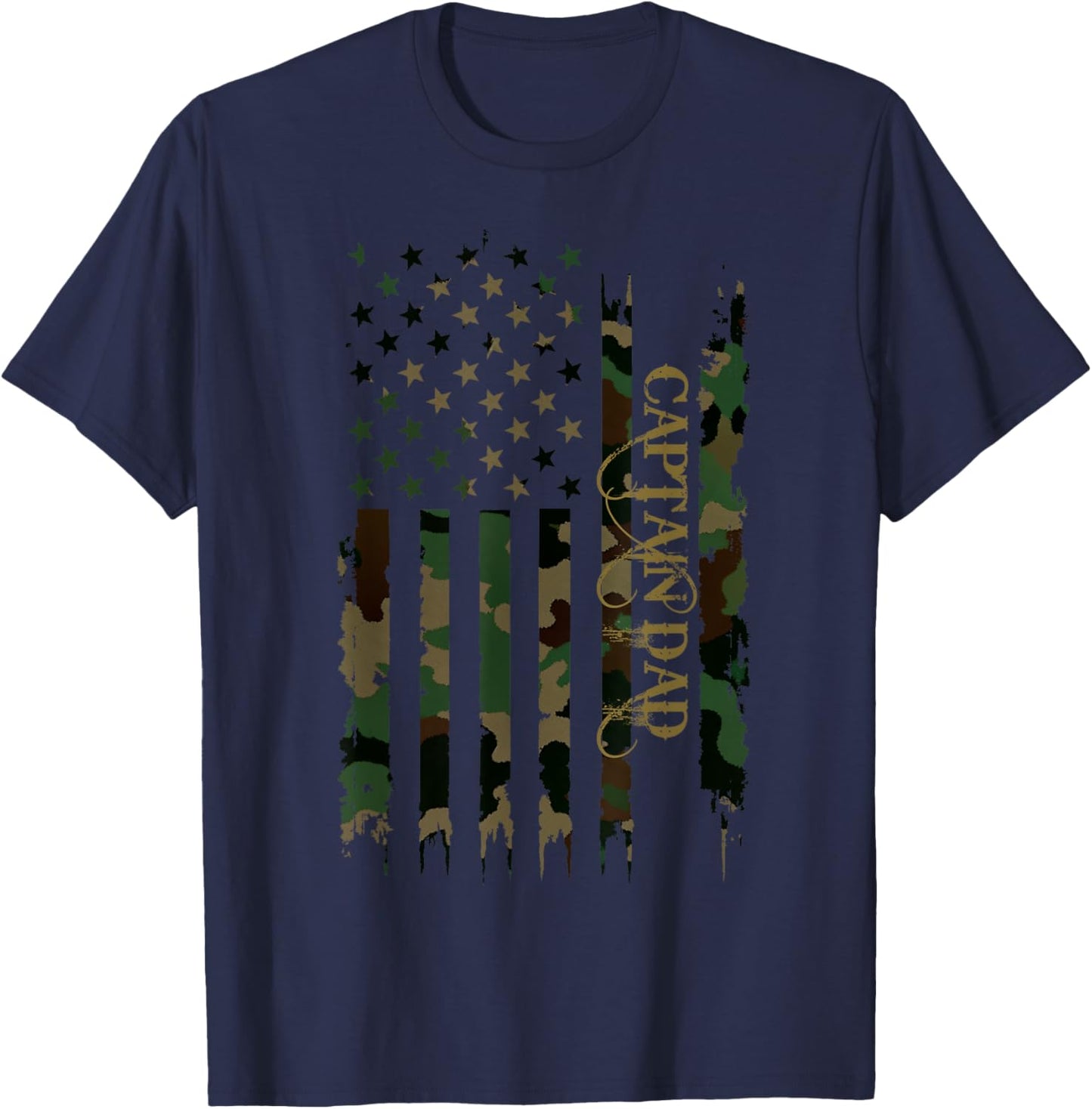 Captain Dad United States Distressed Camo w US Flag T-Shirt - T-Shirt | Navy