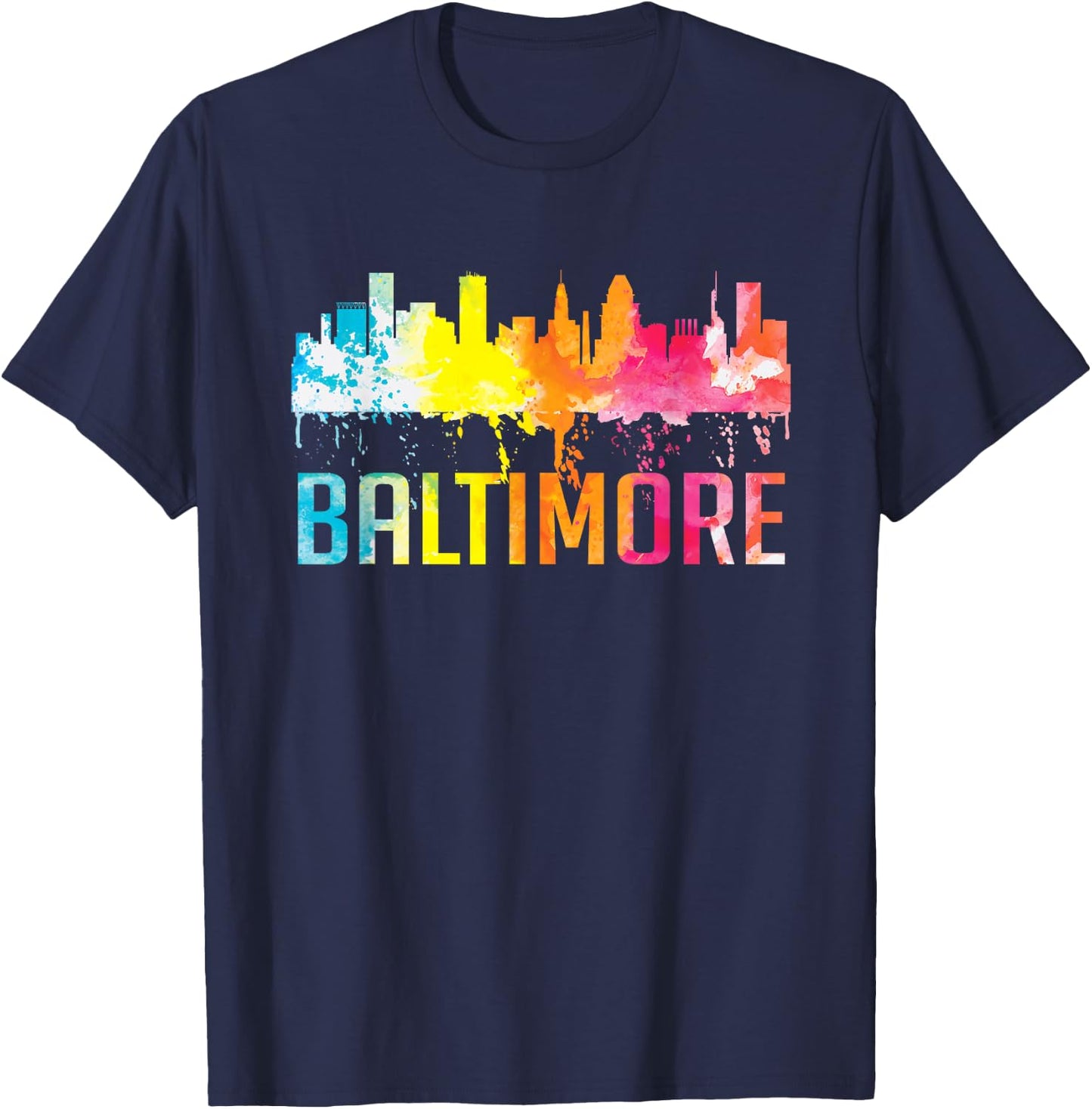 Baltimore Maryland Retro Watercolor Skyline Art Souvenir T-Shirt - T-Shirt | Navy