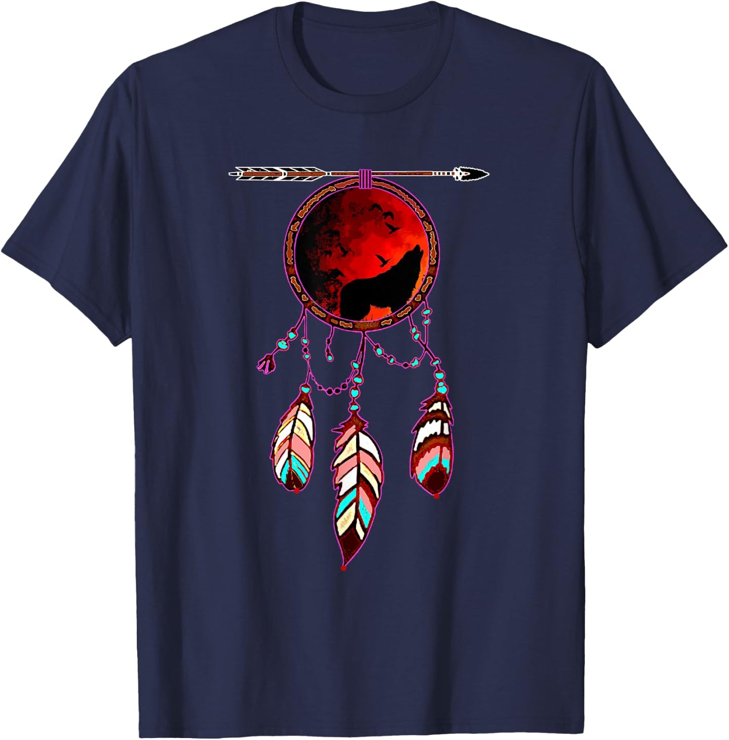 Native American Timber Wolf Dream Catcher Indian Tribal Gift T-Shirt - T-Shirt | Navy