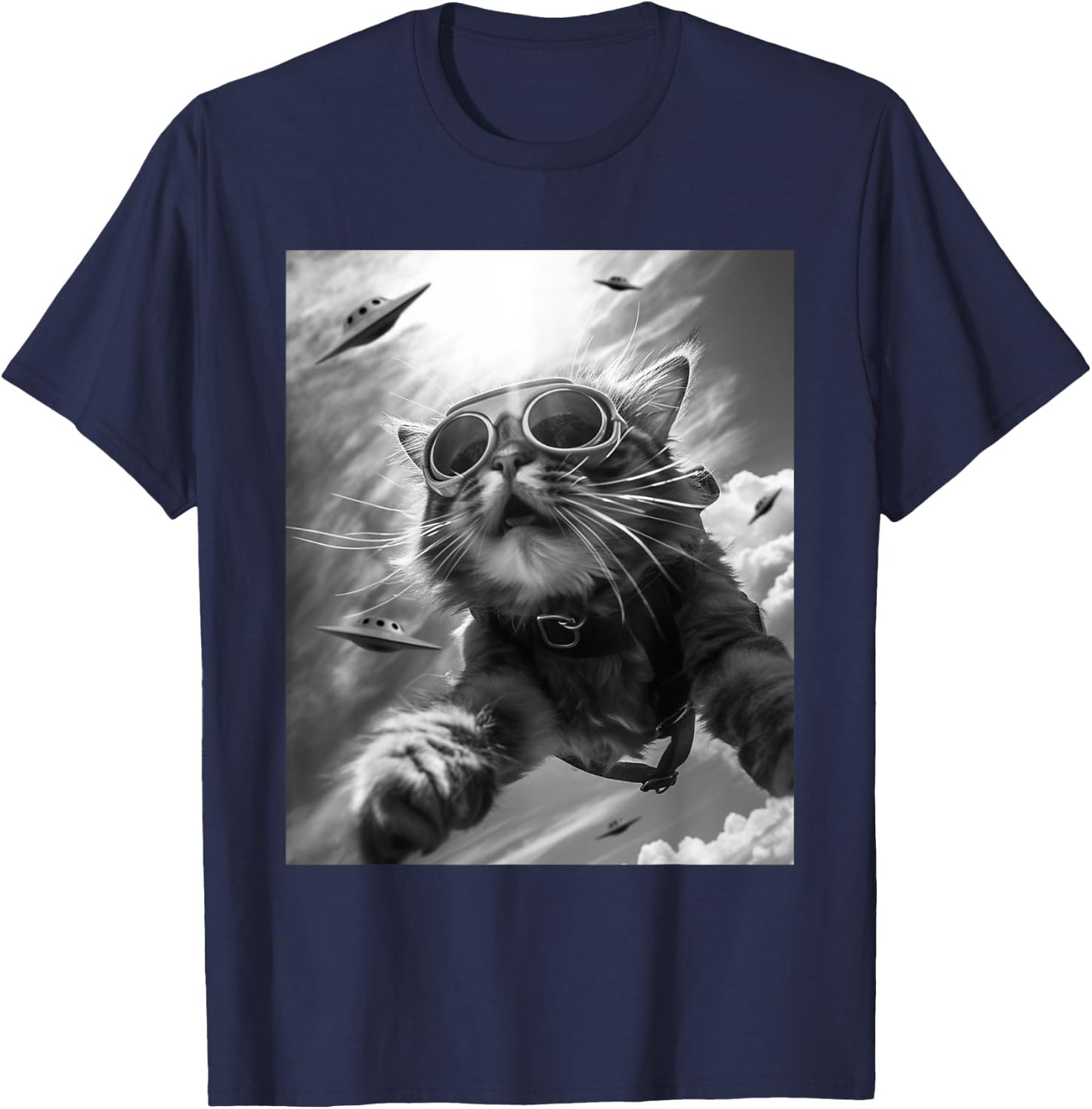 Funny Skydiving Cat Selfie with Alien UFOs Men Women Kids T-Shirt - T-Shirt | Navy