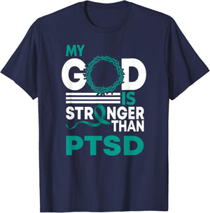 My God Is Stronger Than Ptsd Awareness Ribbon T-Shirt - T-Shirt | Navy