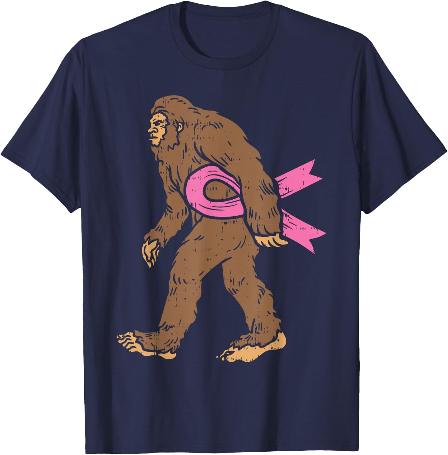 Bigfoot Sasquatch Breast Cancer Funny Awareness Ribbon Gift T-Shirt - T-Shirt | Navy