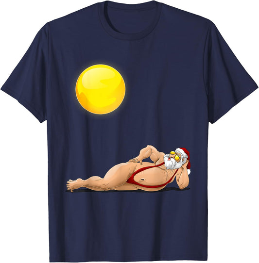 Funny Santa Sunbathing Red Mankini | Cool Beach Summer Gift T-Shirt - T-Shirt | Navy