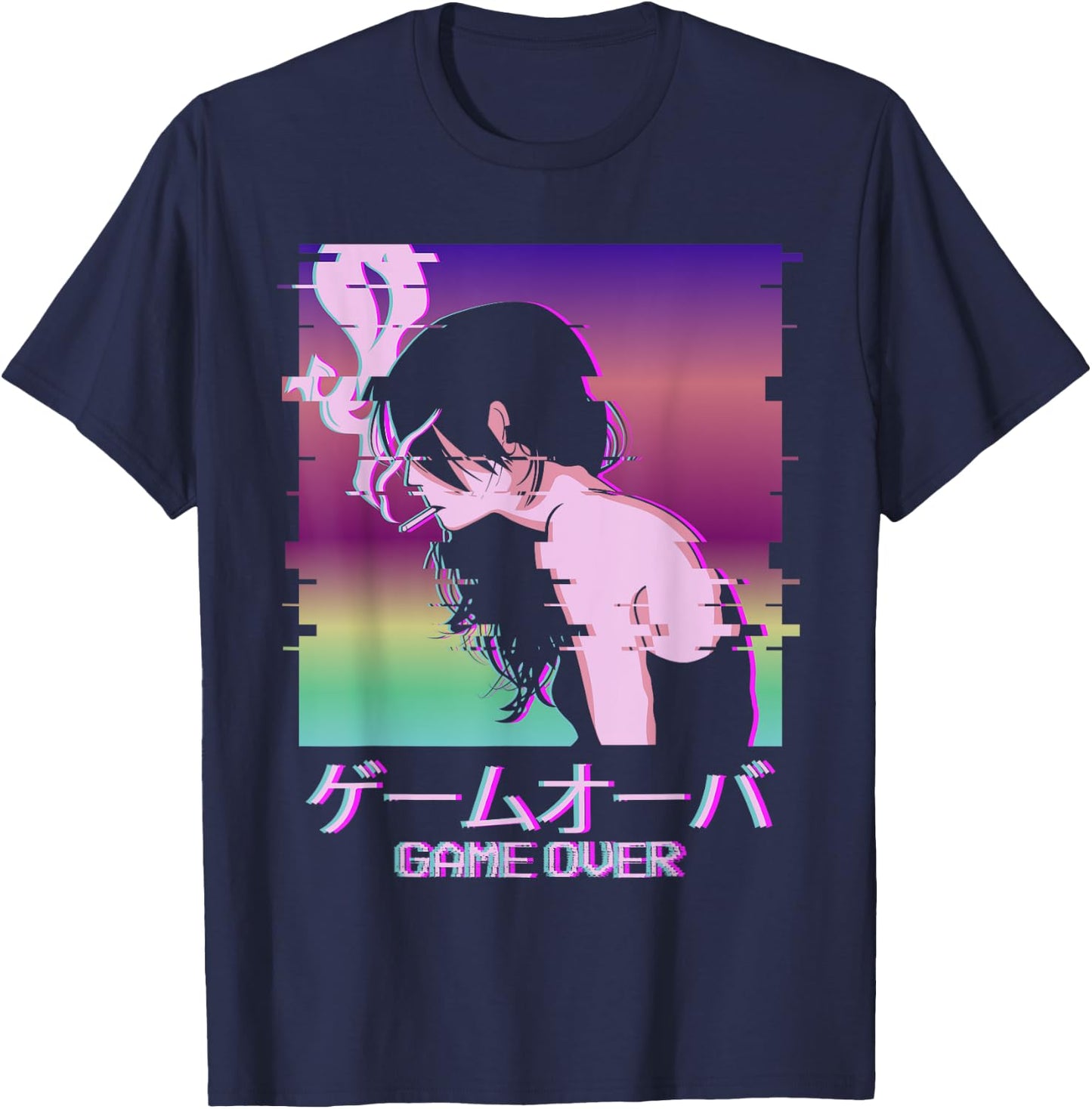Japanese Vaporwave Sad Anime Girl Game Over Indie Aesthetic T-Shirt - T-Shirt | Navy