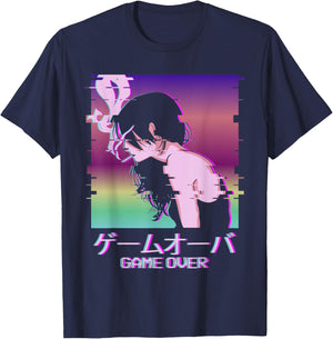 Japanese Vaporwave Sad Anime Girl Game Over Indie Aesthetic T-Shirt - T-Shirt | Navy
