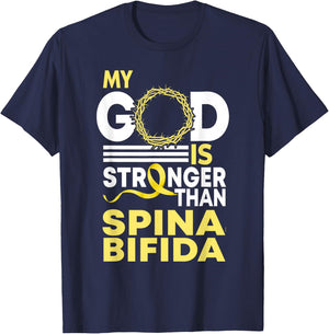 My God Is Stronger Than Spina Bifida Awareness Ribbon T-Shirt - T-Shirt | Navy